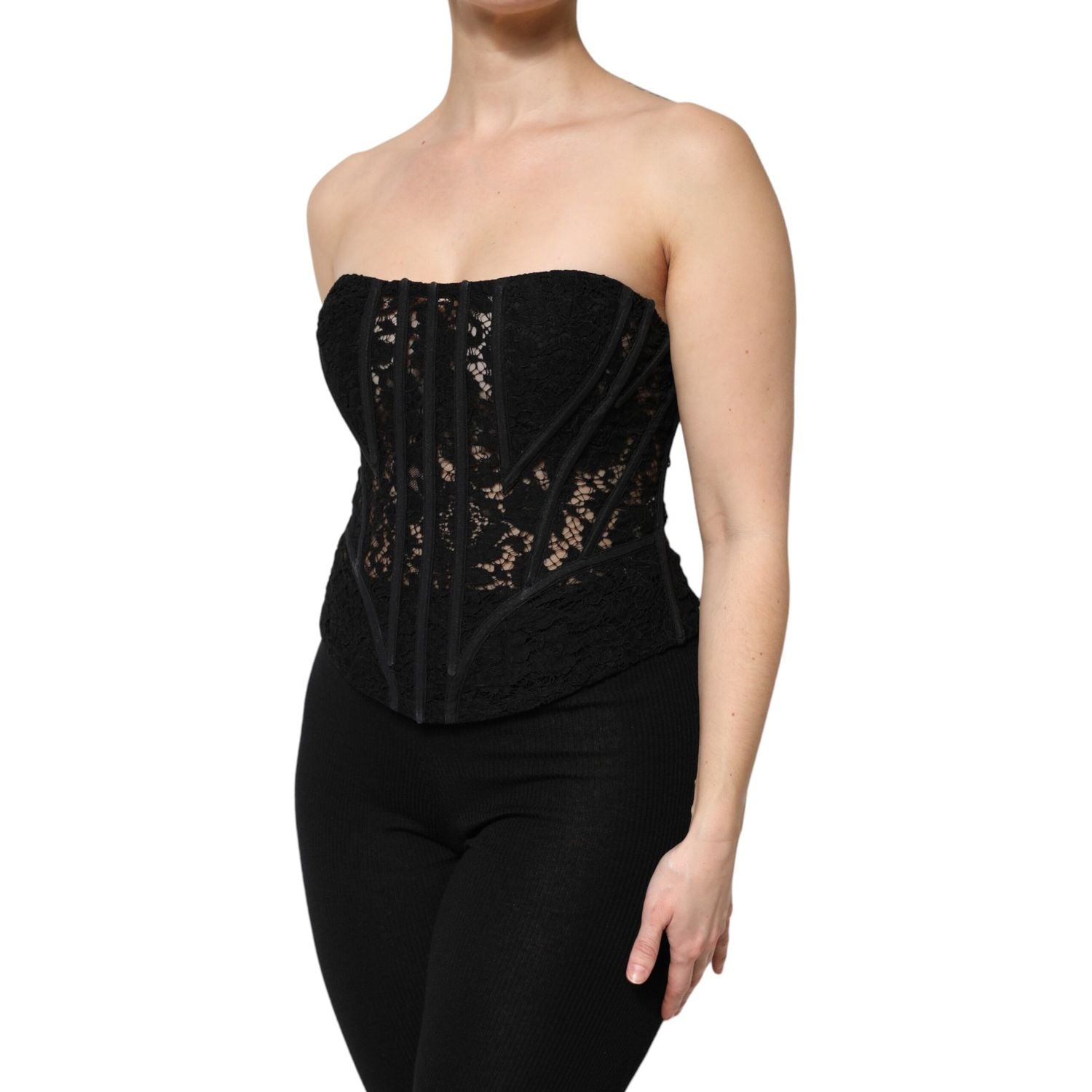 Dolce & Gabbana Black Cotton Floral Lace Corset Bustier Top