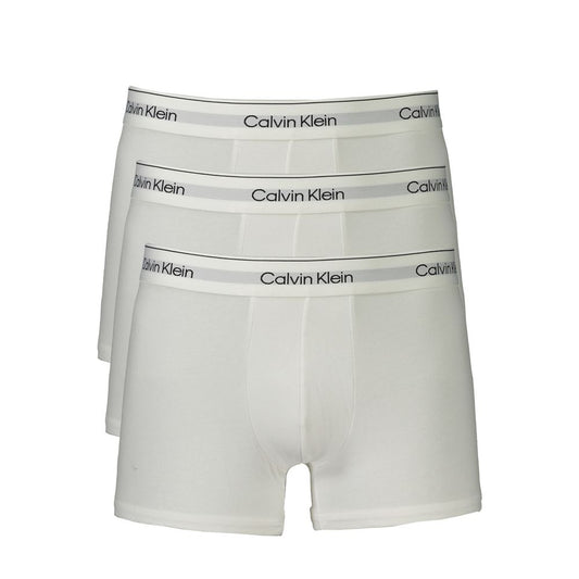 Calvin Klein White Cotton Men Boxer tri-pack featuring elastic waistband with logo, stylish and comfortable fit with regenerative cotton.