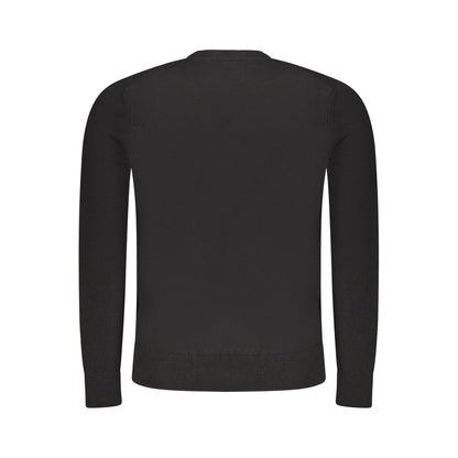 Back view of Hugo Boss Black Cotton Sweater, long sleeves, V-neck, featuring logo applique for a stylish look.