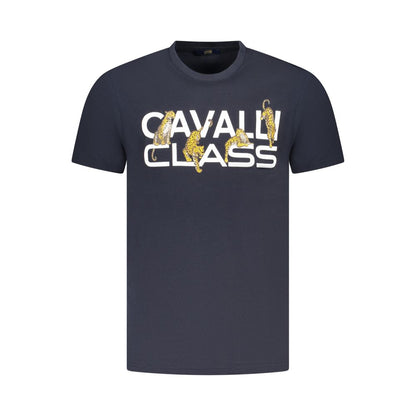 Cavalli Class Blue Cotton Men T-Shirt with bold print and crew neck, featuring iconic logo for sophisticated style in men's fashion.