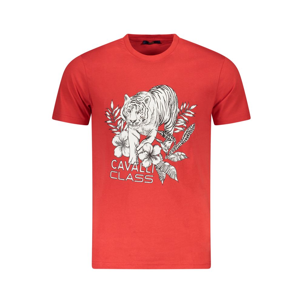 Cavalli Class Red Cotton Men T-Shirt with bold print and logo, premium cotton for comfort and luxury fashion statement.