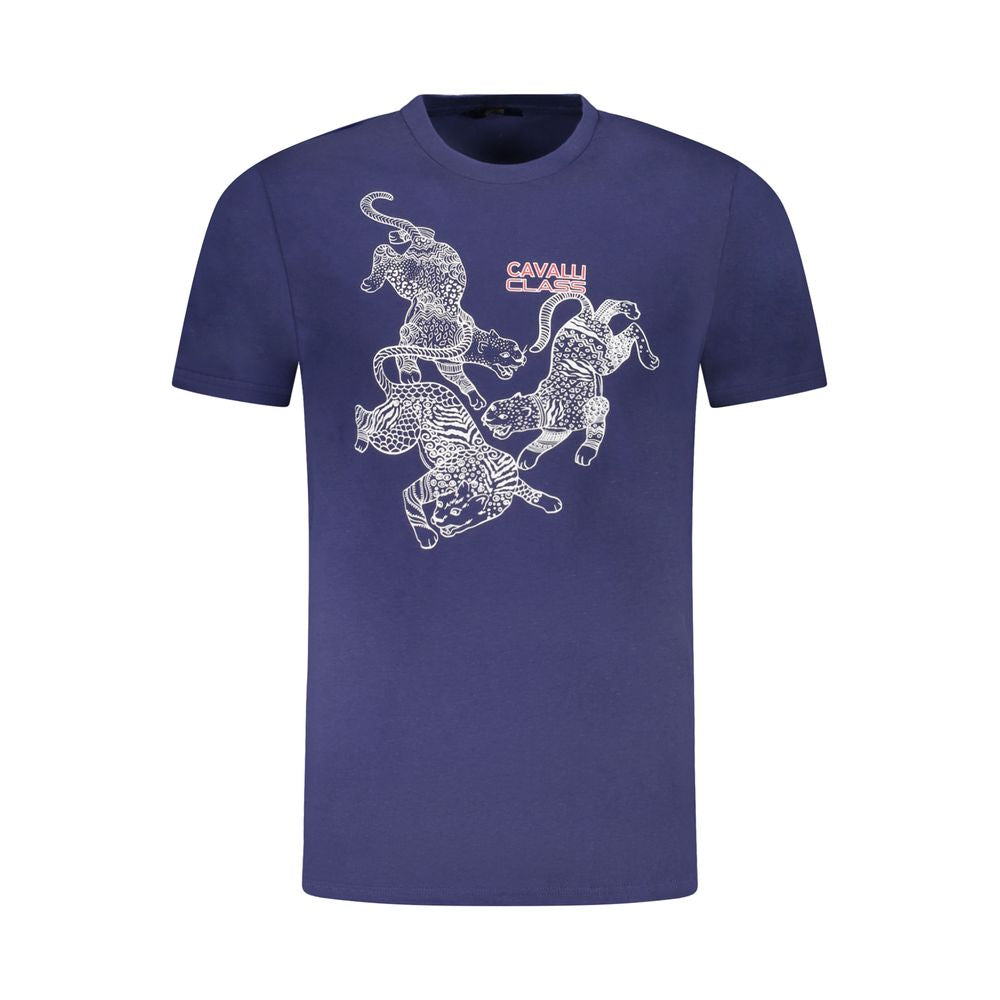 Cavalli Class Blue Cotton Men T-Shirt featuring bold print and logo, premium quality fashion statement.