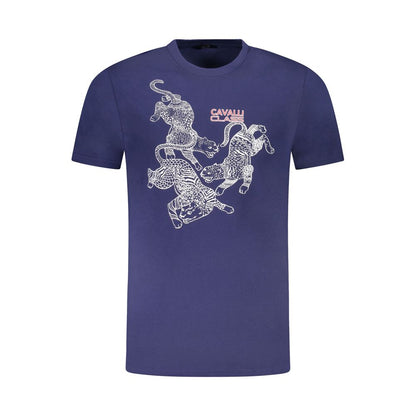 Cavalli Class Blue Cotton Men T-Shirt featuring bold print and logo, premium quality fashion statement.