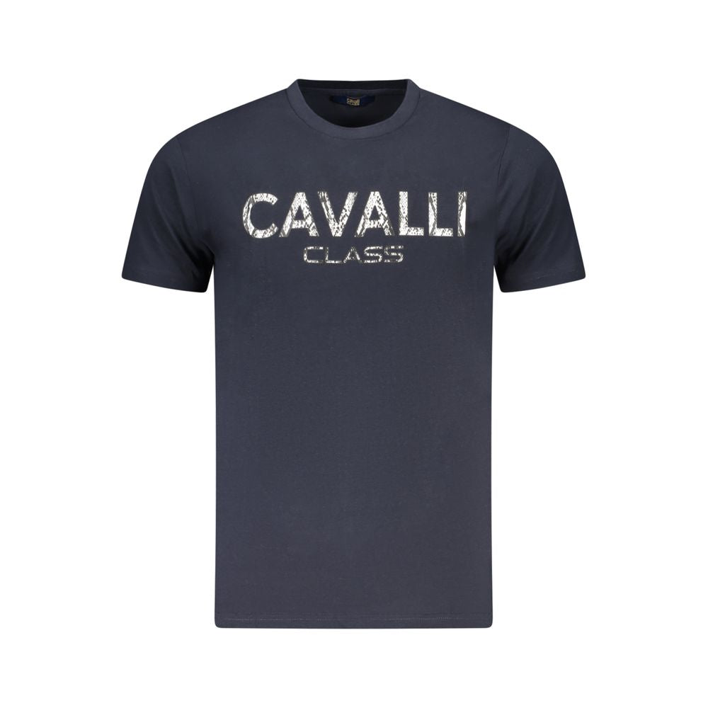 Cavalli Class Blue Cotton Men T-Shirt with bold logo print, luxury fashion for modern men, short-sleeve crew neck design
