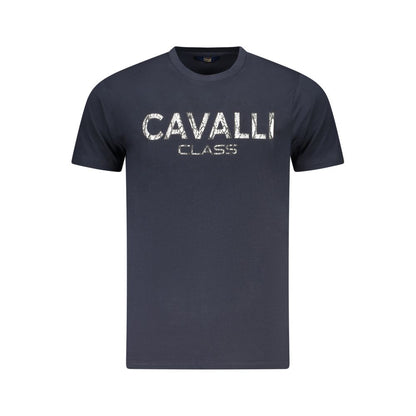 Cavalli Class Blue Cotton Men T-Shirt with bold logo print, luxury fashion for modern men, short-sleeve crew neck design