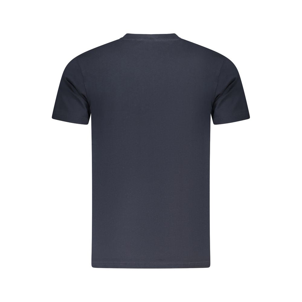 Back view of Cavalli Class Blue Cotton Men T-Shirt showcasing short-sleeve design and fine cotton material.