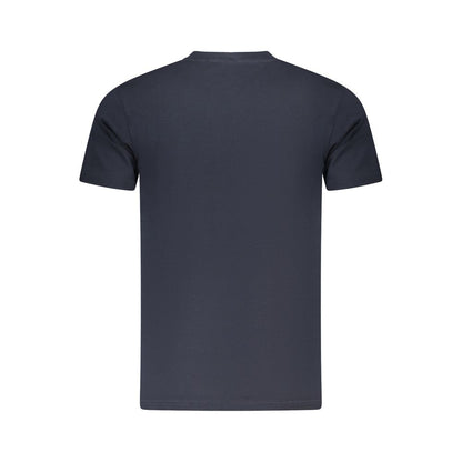 Back view of Cavalli Class Blue Cotton Men T-Shirt showcasing short-sleeve design and fine cotton material.