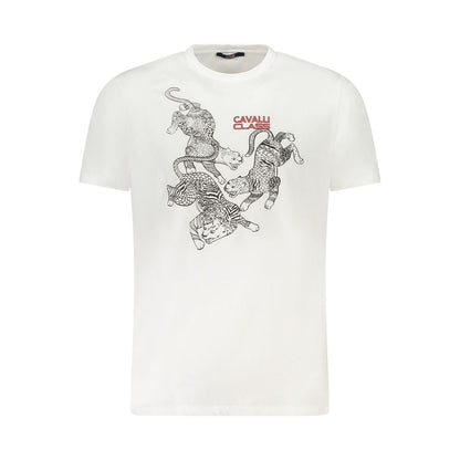 Cavalli Class White Cotton Men T-Shirt featuring bold print and iconic logo, perfect for modern trendsetters.