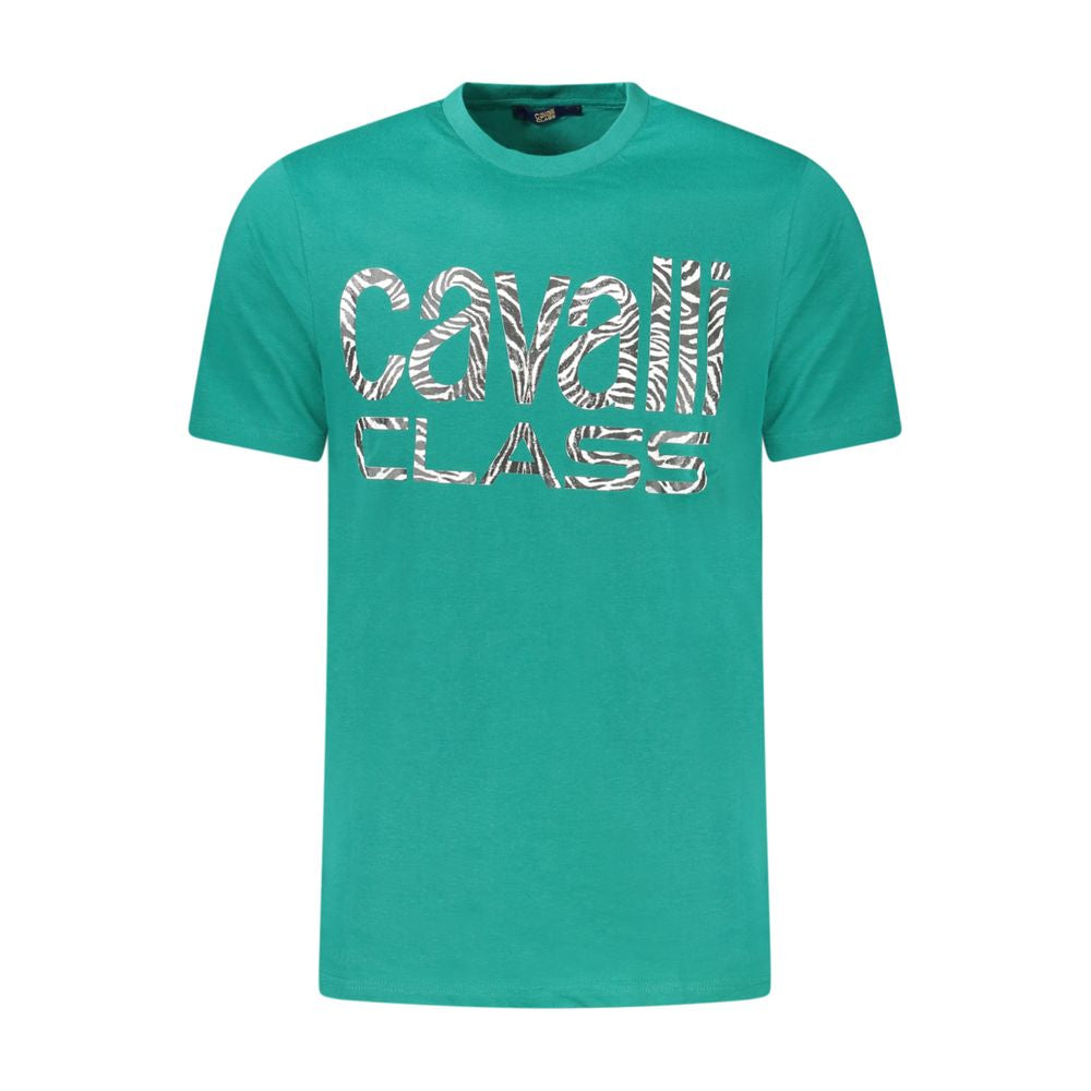 Cavalli Class Green Cotton T-Shirt with short sleeves, crew neck, and printed logo design