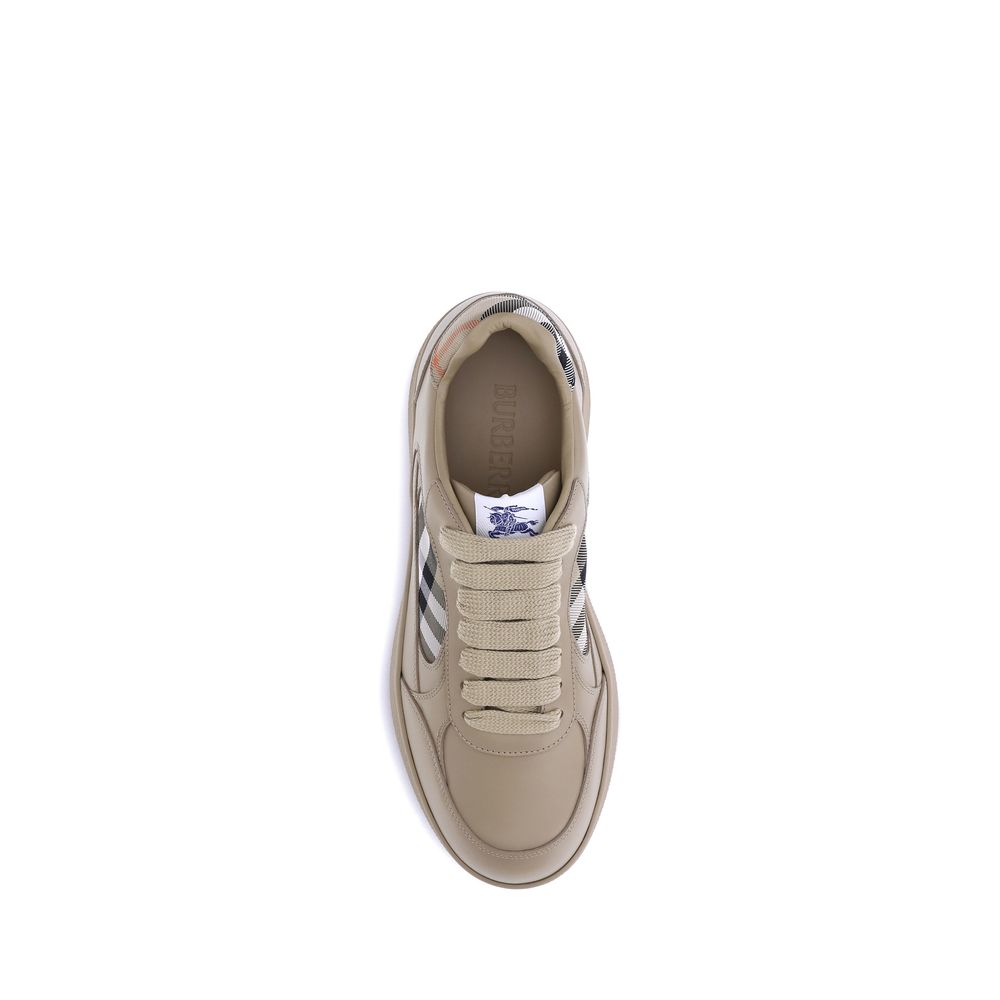 Top view of Burberry Beige Rubber Low Top Sneakers with signature Check pattern and Equestrian Knight design label.