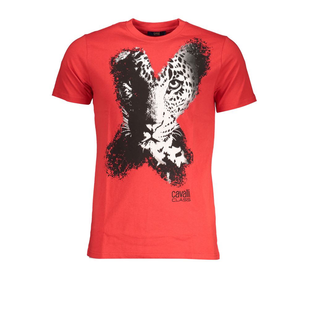 Cavalli Class Red Cotton T-Shirt with leopard print and crew neck, short sleeves, featuring brand logo for casual wear.