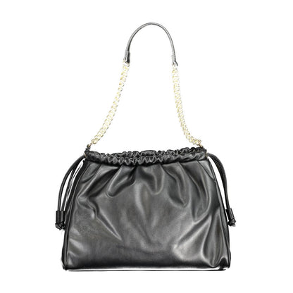 Mario Valentino Black Polyethylene Handbag with chain handle and adjustable strap, featuring internal pocket and phone holder spaces.