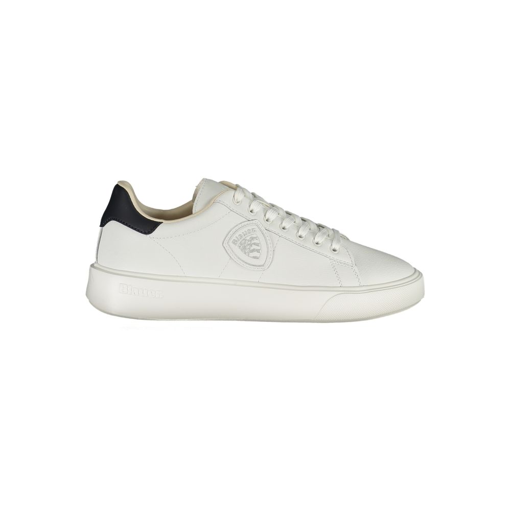 Blauer White Polyethylene Men Sneaker with blue accents, contemporary design, made from leather and polyester, side view.