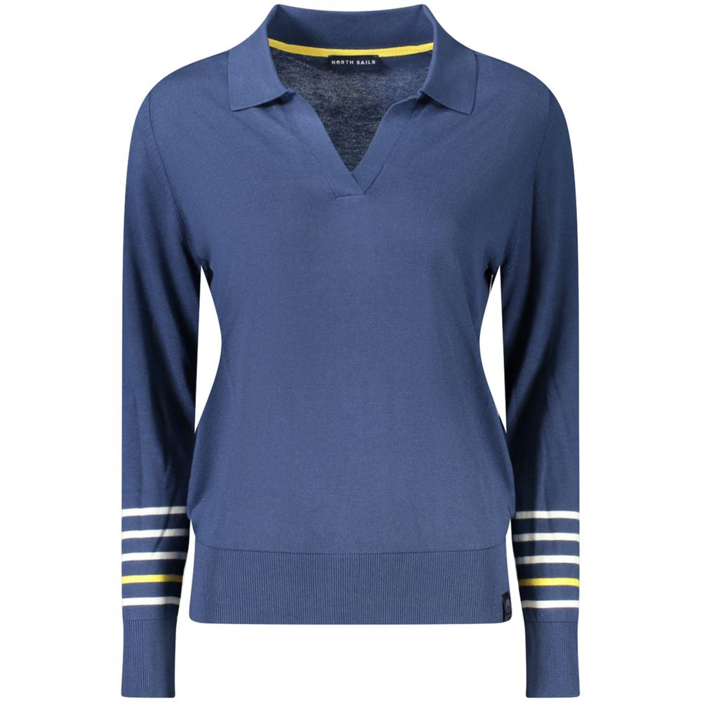 North Sails Blue Cotton Women Sweater with V-neck and logo, featuring elegant contrasting details for a sophisticated casual look.