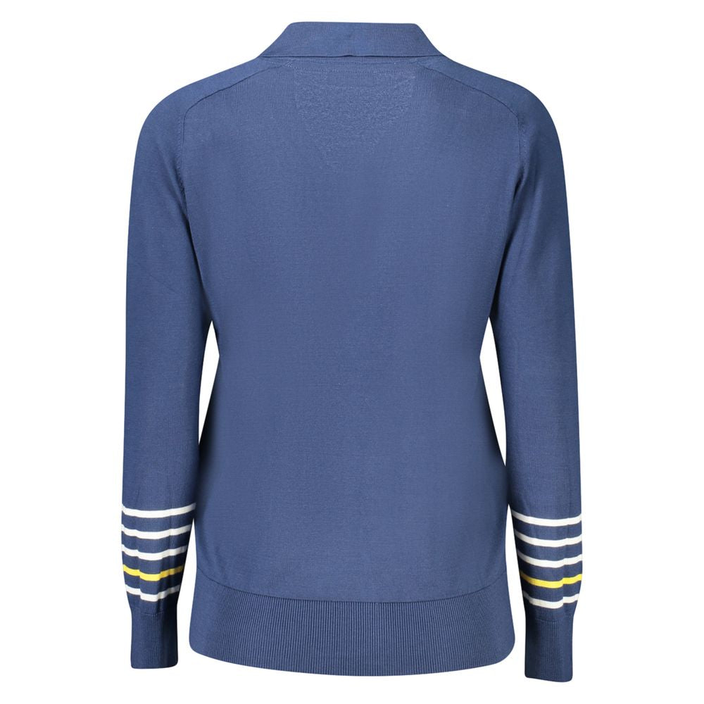 Back view of North Sails Blue Cotton Women Sweater with striped sleeves and sleek design, showcasing premium fashion and elegance.