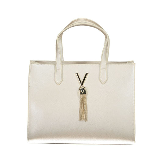 Mario Valentino Gray Polyethylene Women Handbag with tasseled V logo, featuring double handles and sleek design for versatile fashion.