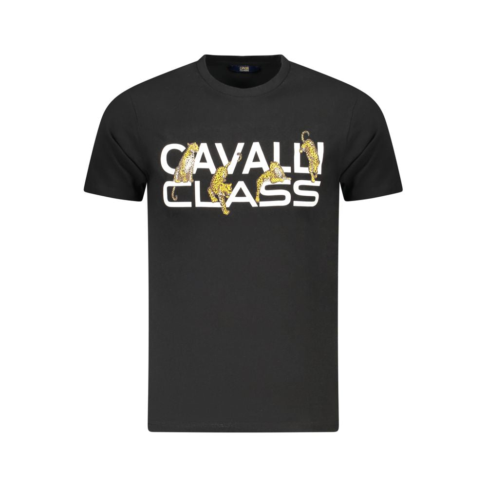 Cavalli Class Black Cotton Men T-Shirt with bold logo print featuring short sleeves and crew neck, made from exquisite cotton.