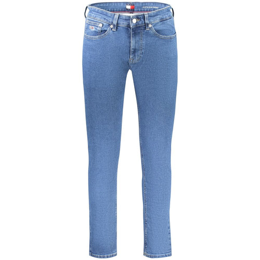 Tommy Hilfiger Blue Cotton Men Slim Tapered Jean, iconic logo detailing, comfortable stretch, fashion-forward denim style.