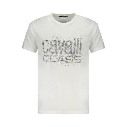 Cavalli Class White Cotton Men T-Shirt featuring striking print and iconic logo on crisp white fabric.