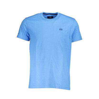 La Martina Blue Cotton Men T-Shirt with crew neck and logo embroidery, featuring short sleeves and regular fit design.