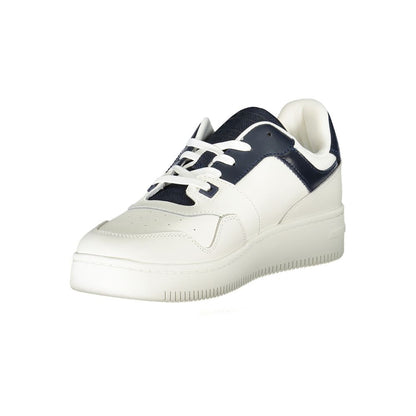 Tommy Hilfiger Blue Leather Men Sneaker with contrasting details and removable insole for comfort.