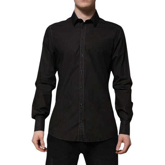 Dolce & Gabbana Black Cotton Jacquard GOLD Collar Dress Shirt