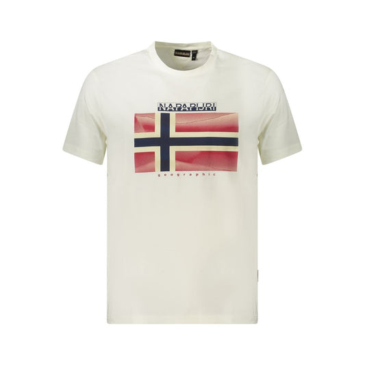 Napapijri White Cotton Men T-Shirt with bold print and logo, organic material, front view