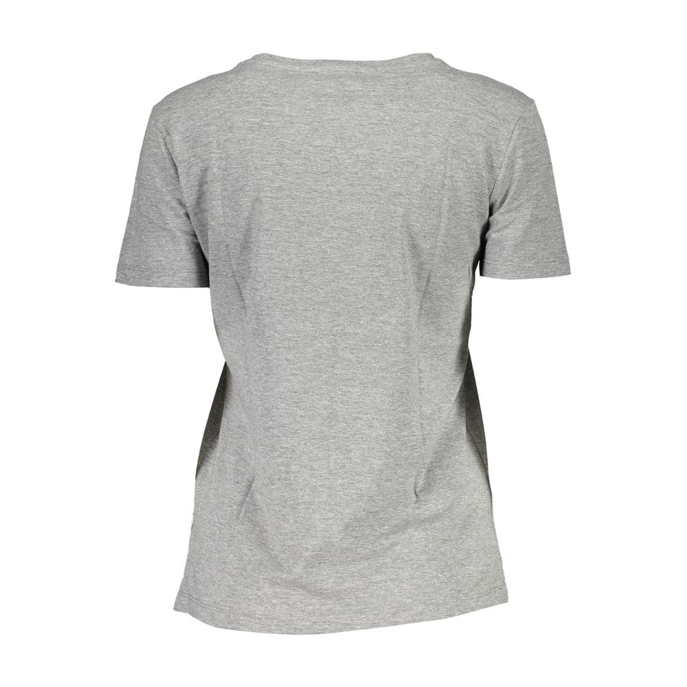 Back view of Guess Jeans Gray Cotton Women T-Shirt with short sleeves and wide neckline, showcasing casual chic design.