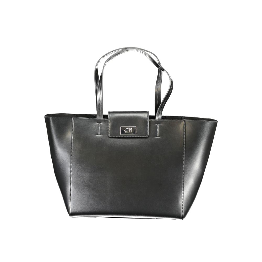 Calvin Klein Black Polyester Handbag with shoulder handles, internal pocket, snap closure, and logo made from recycled polyester.
