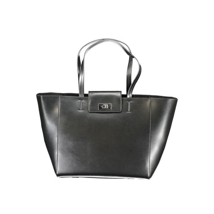 Calvin Klein Black Polyester Handbag with shoulder handles, internal pocket, snap closure, and logo made from recycled polyester.
