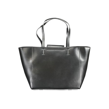 Calvin Klein Black Polyester Handbag with shoulder handles, snap closure, internal pocket, recycled material, and logo detail.
