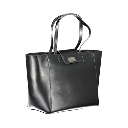 Calvin Klein Black Polyester Handbag with dual shoulder handles, internal pocket, snap closure, and logo detailing made from recycled polyester