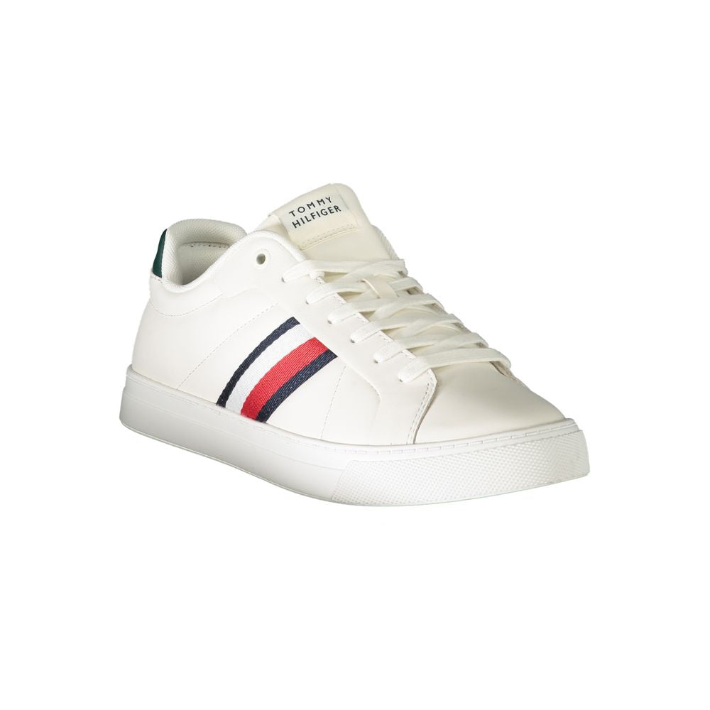 Tommy Hilfiger White Leather Men Sneaker with green accents and iconic logo, blending comfort and style for the modern trendsetter.