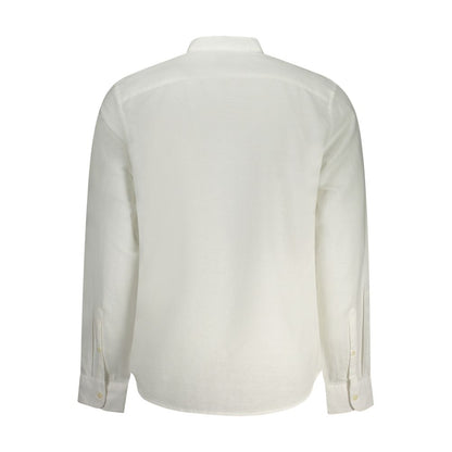 Timberland White Cotton Shirt, slim fit with mandarin collar and embroidery, featuring long sleeves and buttons, viewed from the back.