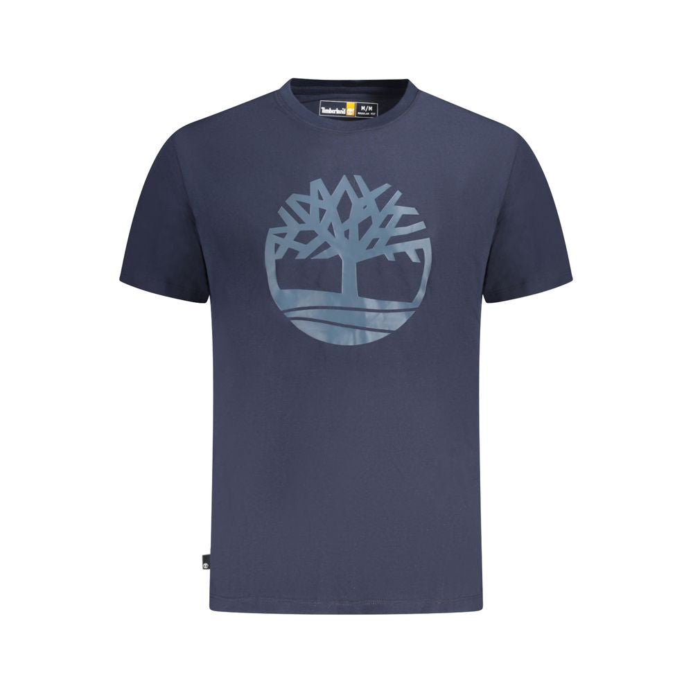 Timberland Blue Cotton T-Shirt featuring short sleeves, crew neck, and logo print design