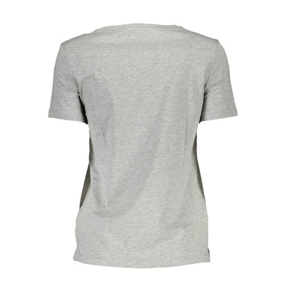 Back view of Guess Jeans Gray Cotton Women T-Shirt featuring a classic crew neck and short sleeves.