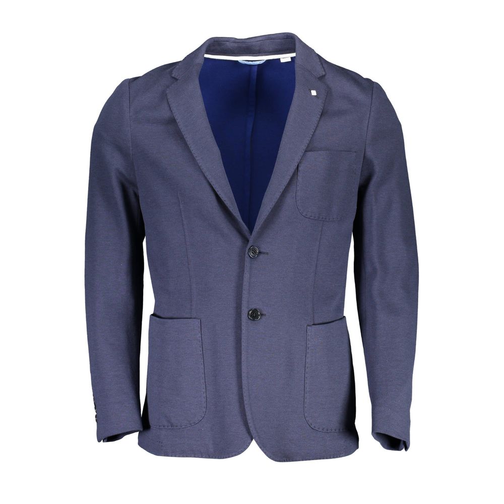 Gant Blue Cotton Men Jacket with classic design, featuring two-pocket styling and iconic Gant logo for modern men's fashion.
