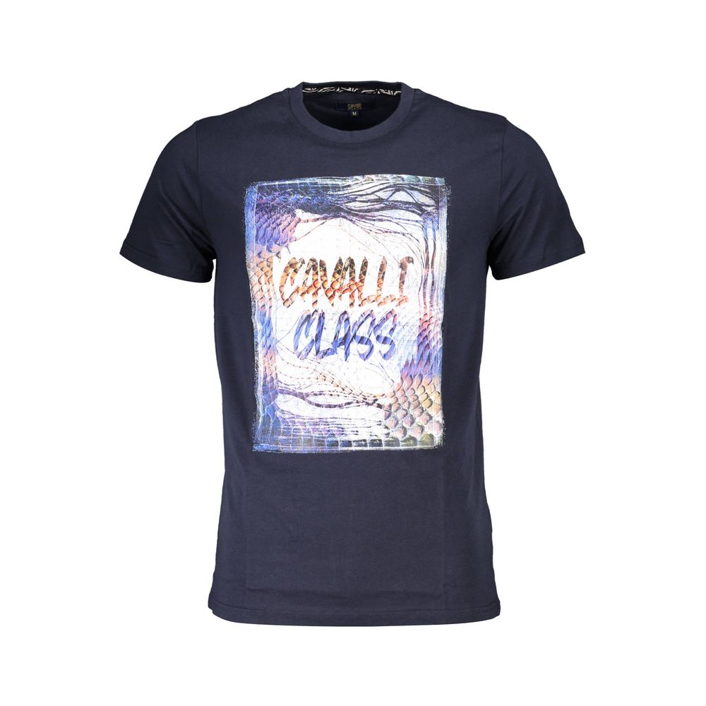Cavalli Class Blue Cotton Men T-Shirt with logo print, short sleeve, contemporary design, and soft cotton fabric.