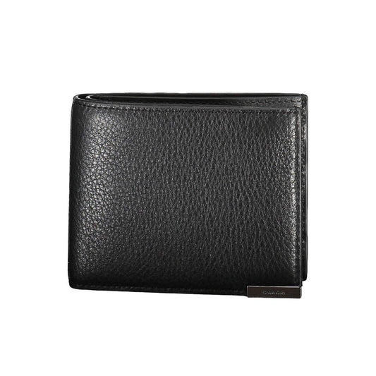 Calvin Klein Black Leather Men Wallet with sleek design, two compartments, card spaces, and secure zip coin purse, RFID blocking protection.