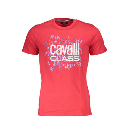 Cavalli Class Red Cotton Men T-Shirt with logo print on front, showcasing casual luxury and vibrant design