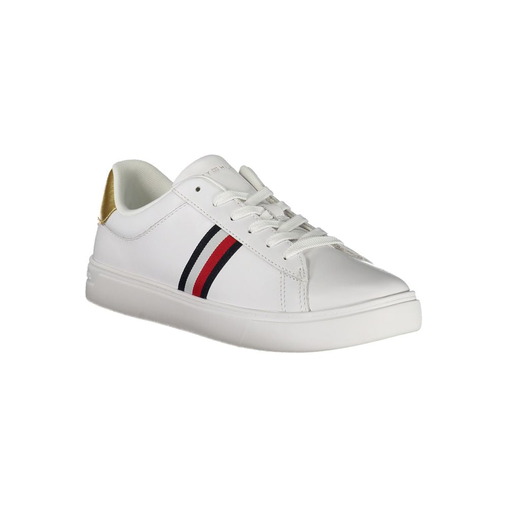 Tommy Hilfiger White Leather Women Sneaker with gold accents and logo, featuring a removable insole for comfort.