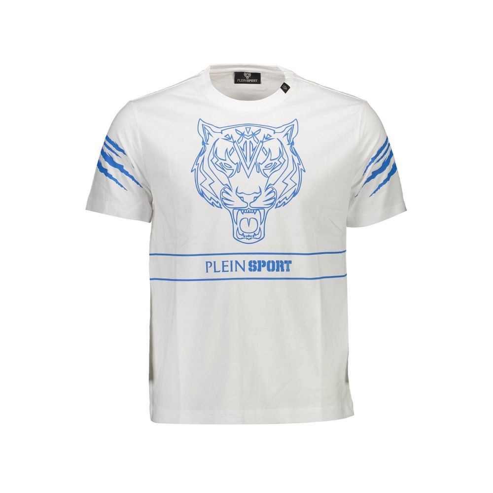 Plein Sport White Cotton Men T-Shirt with blue tiger logo and stripes, showcasing elegant athletic fashion for trendsetters.