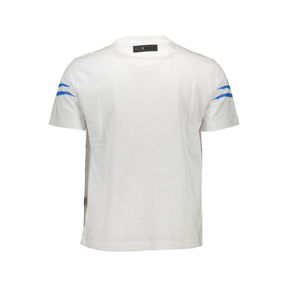 Plein Sport White Cotton Men T-Shirt with bold logo and contrasting blue details, perfect for adding athletic opulence to any wardrobe.