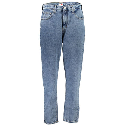 Tommy Hilfiger Blue Cotton Women Jeans with high waist and tapered leg, featuring embroidery and classic logo, fashionable and comfortable.