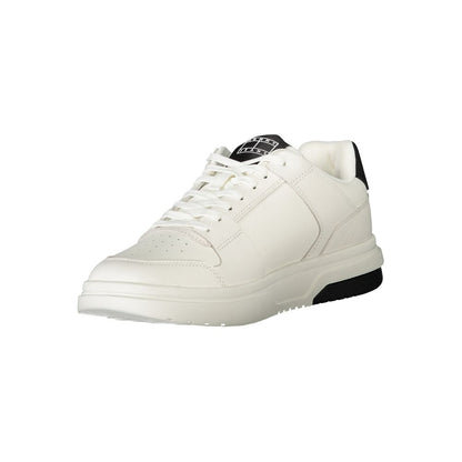 Tommy Hilfiger White Polyethylene Men Sneaker with black accents and logo, perfect for stylish comfort and customizable fit.
