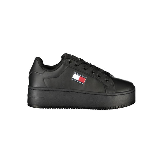 Alt Tag: Tommy Hilfiger Black Polyethylene Women Sneaker with lace-up design, 5 cm wedge, and iconic logo for style and comfort.