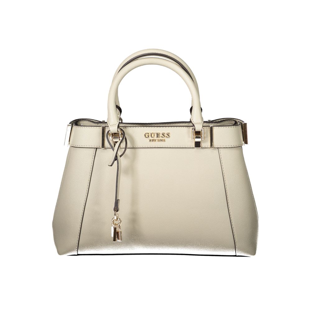 Guess Jeans Beige Polyethylene Handbag with two handles, adjustable strap, several pockets, zip closure, and protective feet.