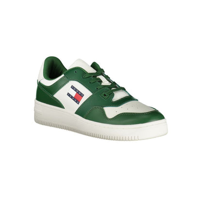 Tommy Hilfiger Green Leather Men Sneaker with iconic logo and removable insole for style and comfort.