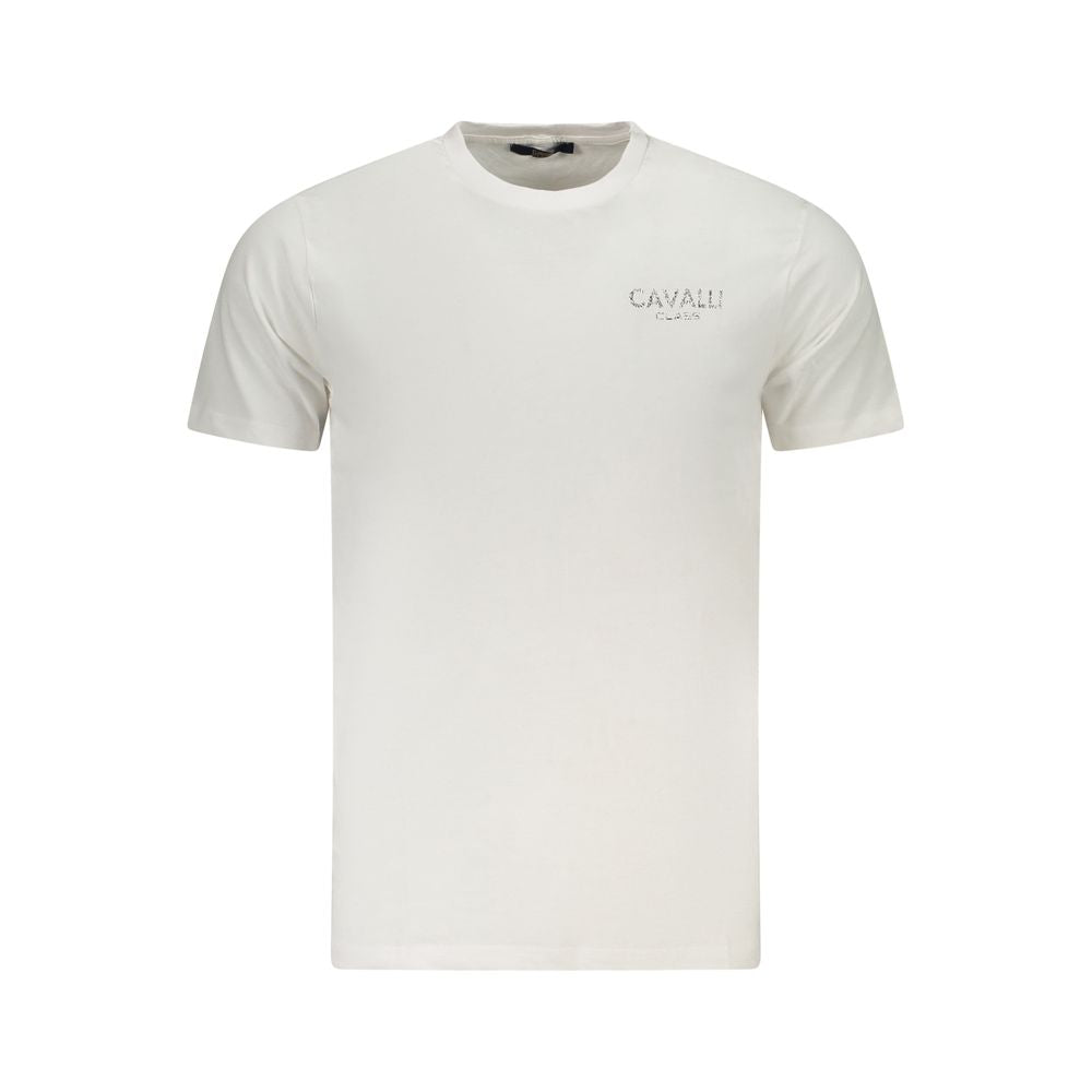 Cavalli Class White Cotton Men's T-Shirt with crew neck and iconic logo, showcasing bold style in a high-fashion design.