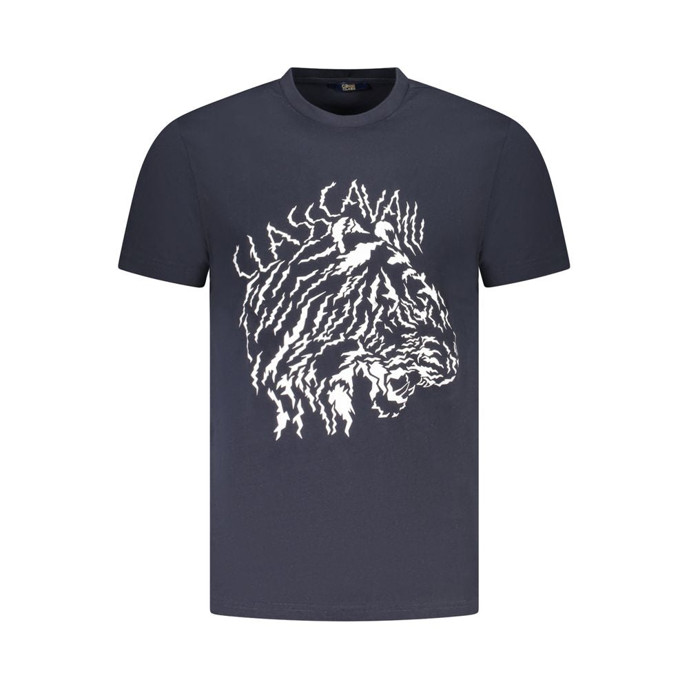 Cavalli Class Blue Cotton Men T-Shirt with graphic print and crew neck, embodying modern luxury and style.